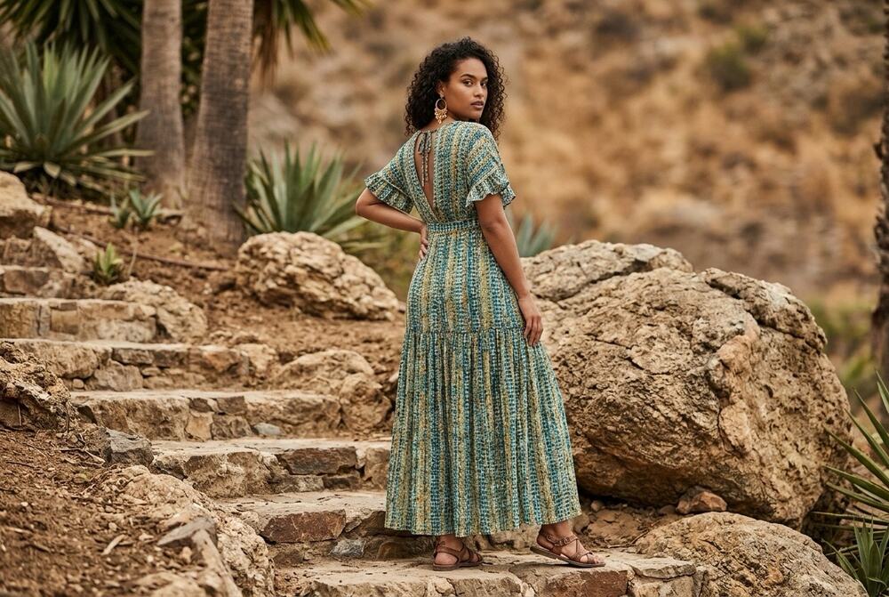 Express x Rocky Barnes Geometric Print Maxi Dress